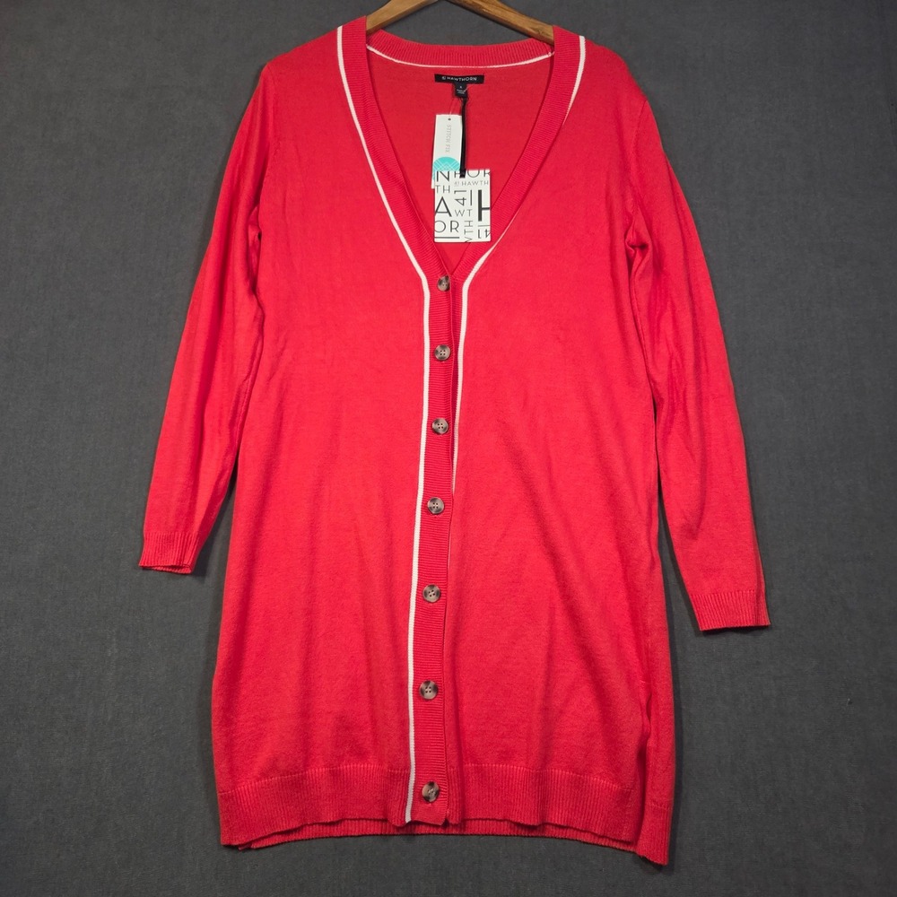 41 Hawthorn Cardigan Womens Large Red White Trim Longline V-Neck Button Up